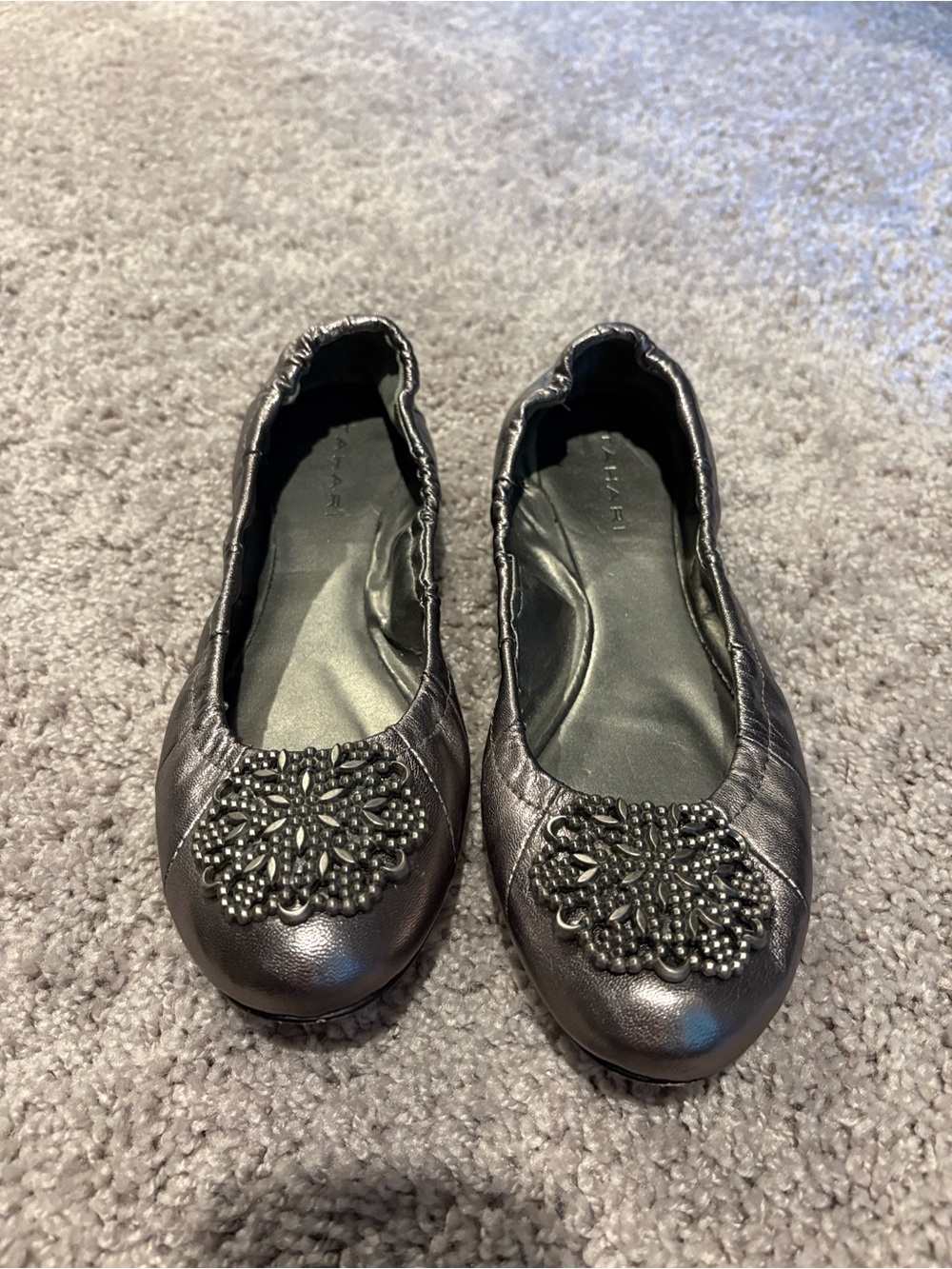 Tahari Gunmetal Jeweled Ballet Flats